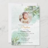 Natürliche grüne Blätter mit Foto Taufe Einladung (Vorderseite)