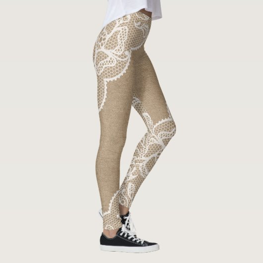 Natürliche Leinwand und weiße Spitze Legging Leggings (Rechts)