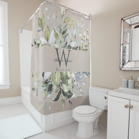 Natürliche neutrale Greenery Monogram Wedding Keep Duschvorhang (Beispiel)
