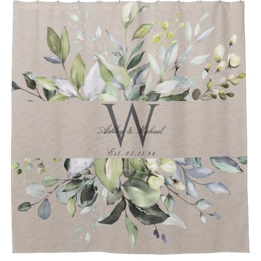 Natürliche neutrale Greenery Monogram Wedding Keep Duschvorhang (Vorderseite)