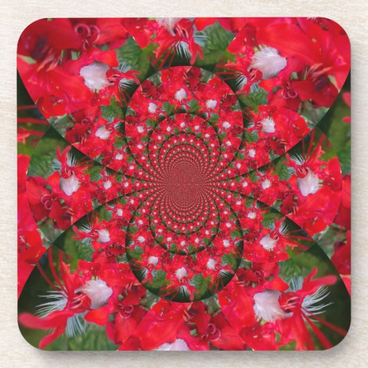 Natürliche Rote Blume Weiße Feder Kaleidoskop Kuns Getränkeuntersetzer (Vorderseite)