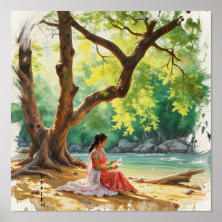 Natürliche Schönheitsfrau auf dem Bang des Flusses Foliendrucke