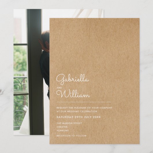 Natürliche Script rustic Kraft Foto Hochzeit Einladung (Vorne/Hinten)