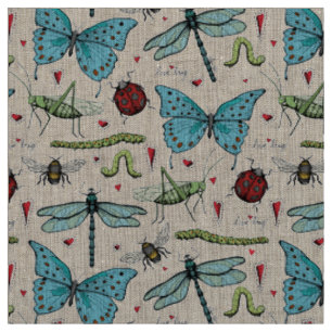 Natürliches Leinen Love Bug Insekten Illustrations Stoff