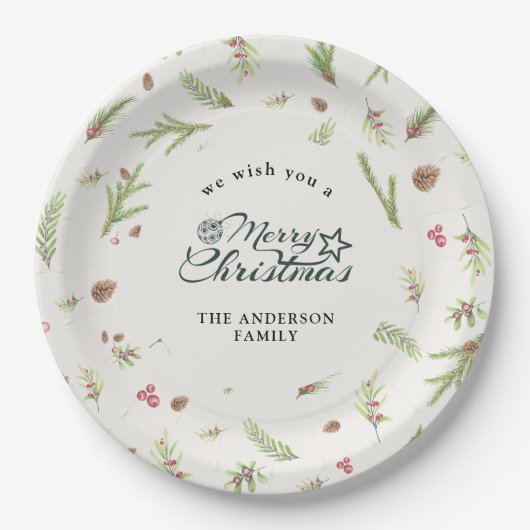 Natürliches Weihnachtsminimales elegantes botanisc Pappteller (Vorderseite)