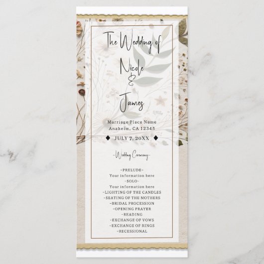 Naturschöne Botanische Blumen & Blätter Hochzeit Programm (Vorderseite)