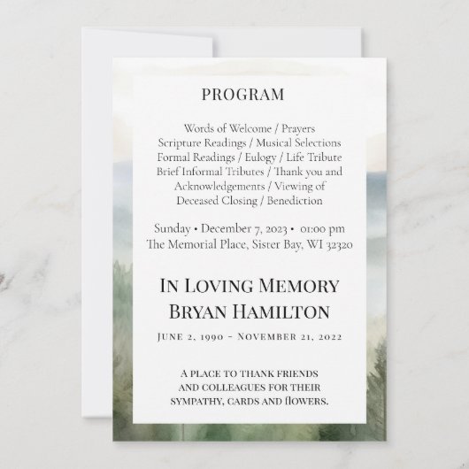 Naturschutzprogramm für Beerdigung von Wasserfarbe Einladung (Rückseite)