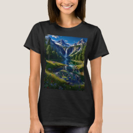 Naturszene Berge Wasserfälle See Teich Bäume T-Shirt