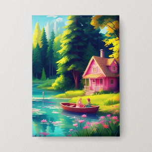 Naturszene mit rosa Cottage-68884 Button