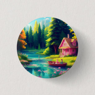 Naturszene mit rosa Cottage-68884 Button