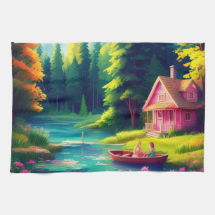 Naturszene mit rosa Cottage-68884 Geschirrtuch