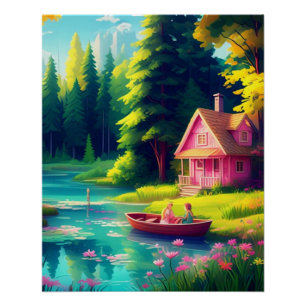 Naturszene mit rosa Cottage-68884 Poster