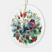 Naturthema Bullfinch Kiefernzweige Kiefernzapfen Keramik Ornament (Links)