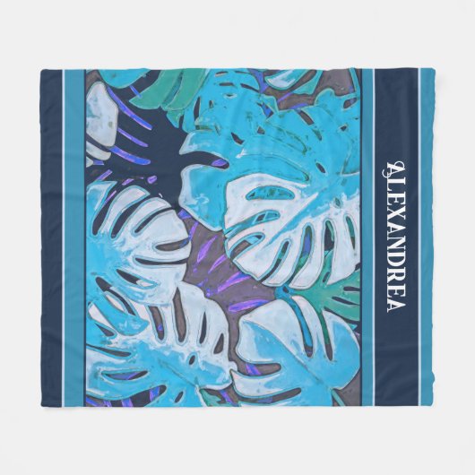 Naturtropisches blaues Leaf Muster Moderne Custom Fleecedecke (Vorderseite (Horizontal))