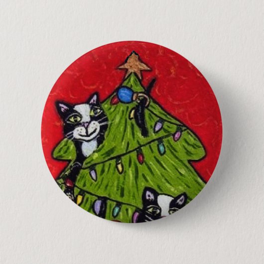 Naughty Cats Klettern im Weihnachtsbaum Button (Vorderseite)