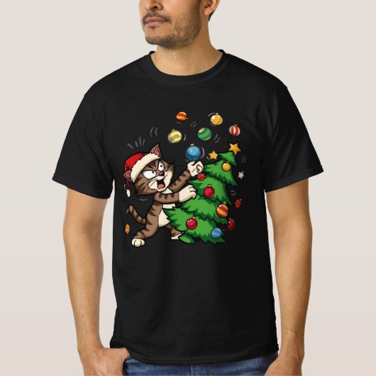 Naughty Christmas Cat – Funny Cat Knocking On Tree T-Shirt (Vorderseite)