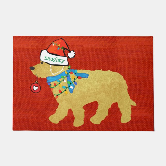 Naughty Christmas Goldendoodle Xmas Red Burlap Fußmatte (Vorderseite)