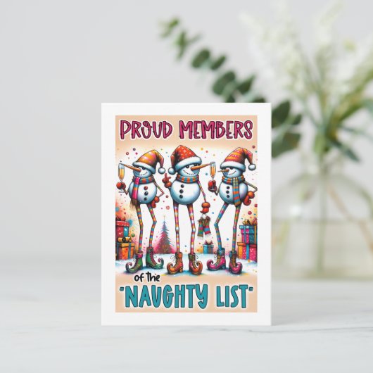 Naughty List Snowmen Toasting in Holiday Style Postkarte (Stehend Vorderseite)