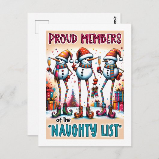 Naughty List Snowmen Toasting in Holiday Style Postkarte (Vorne/Hinten)