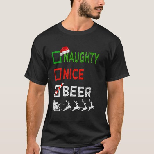 Naughty Nice Beer Christmas Pajamas Funny Santa Ha T-Shirt (Vorderseite)