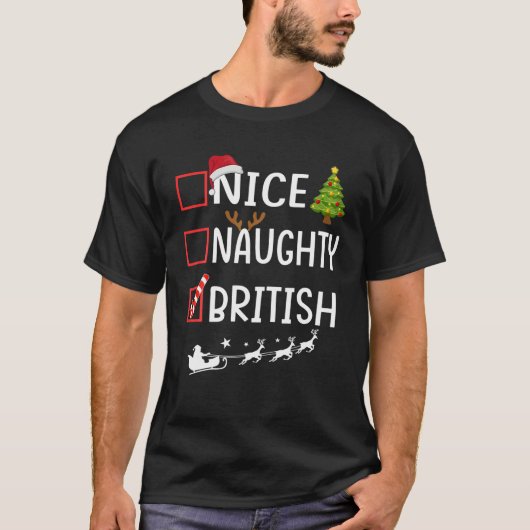 Naughty Nice britisch Christmas Pajama Funny Santa T-Shirt (Vorderseite)