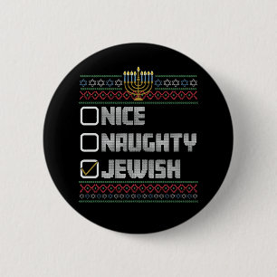 Naughty Nice Jewish Santa Ugly Christmas Hanukkah Button