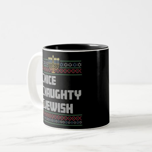 Naughty Nice Jewish Santa Ugly Christmas Hanukkah Zweifarbige Tasse (Vorderseite Links)