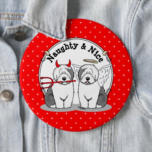 Naughty & Nice Old English Sheepdogs (Gray 1) Button (Beispiel)