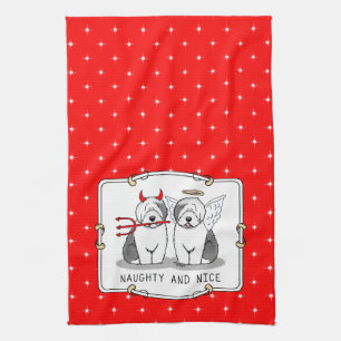 Naughty & Nice Old English Sheepdogs (Gray 1) Geschirrtuch