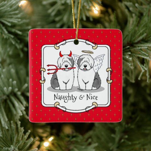 Naughty & Nice Old English Sheepdogs (Gray 1) Keramikornament (Baum)