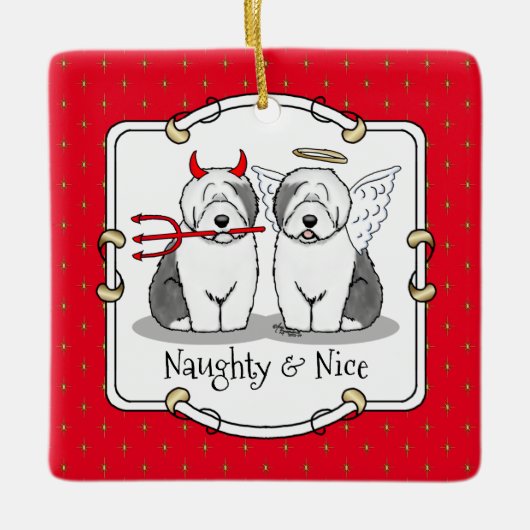 Naughty & Nice Old English Sheepdogs (Gray 1) Keramikornament (Vorderseite)