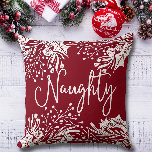 Naughty Nice Red White Christmas Floral Ivy Blätte Kissen (Von Creator hochgeladen)