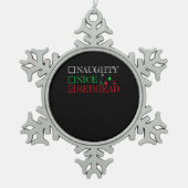 Naughty Nice Redhead Christmas Funny Holiday  Schneeflocken Zinn-Ornament (Vorderseite)