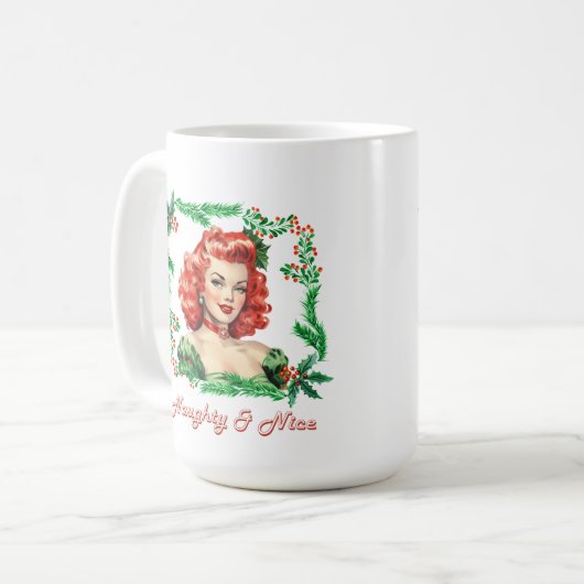 Naughty & Nice Retro Christmas Pinup Kaffeetasse (Vorderseite Links)