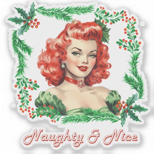 Naughty & Nice Retro Christmas Pinup Vinyl Decal Aufkleber (Vorderseite)
