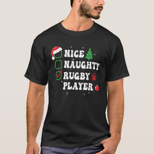 Naughty Nice Rugby Player Xmas List Hat Funny Chri T-Shirt (Vorderseite)