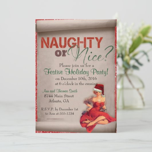 Naughty oder Nice Christmas Party Einladung (Stehend Vorderseite)