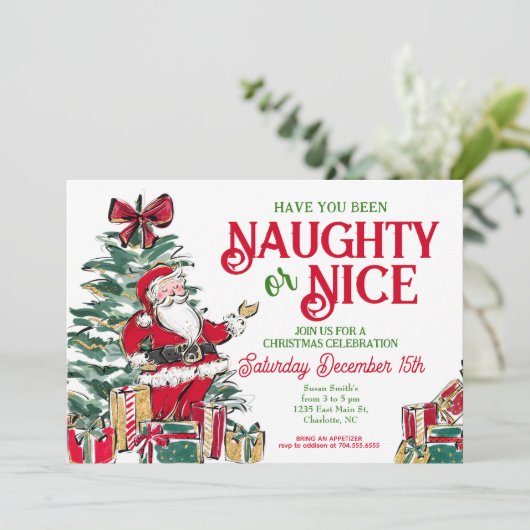 Naughty oder Nice Christmas Party laden Einladung (Stehend Vorderseite)