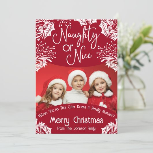 Naughty oder Nice Funny Five Foto Christmas Karte (Stehend Vorderseite)