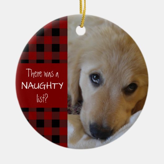 Naughty oder Nice Pet Foto Rot Kariert Personalisi Keramik Ornament (Vorne)