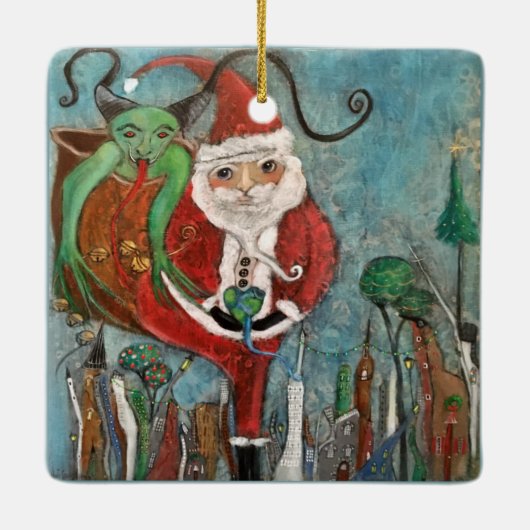 Naughty oder Nice Santa and Krampus Art Keramikornament (Rückseite)