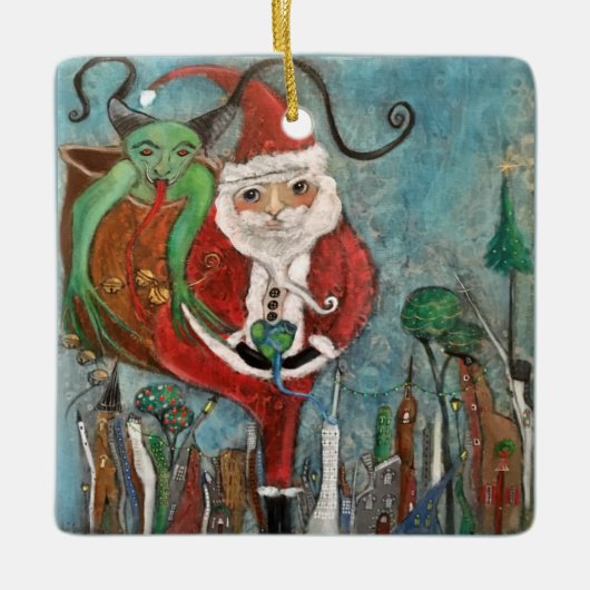 Naughty oder Nice Santa and Krampus Art Keramikornament (Vorderseite)