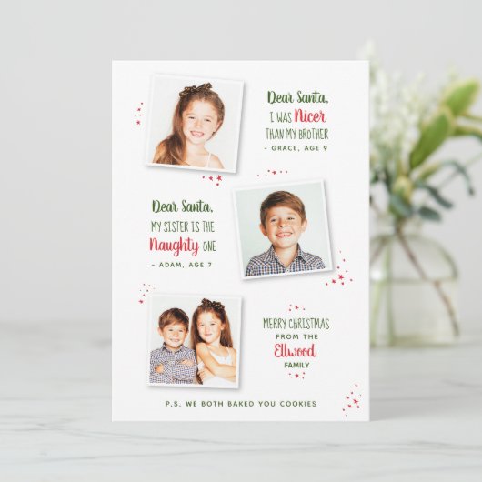 Naughty oder Nice Sibling Funny Weihnachtskarte (Stehend Vorderseite)