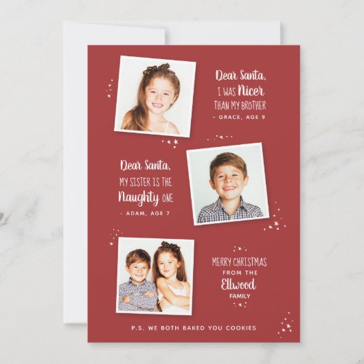 Naughty oder Nice Sibling Funny Weihnachtskarte (Vorderseite)