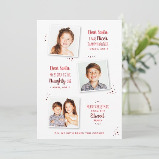 Naughty oder Nice Sibling Funny Weihnachtskarte (Stehend Vorderseite)