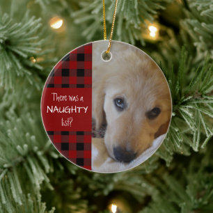 Naughty or Nice Pet Photo Red Plaid Personalized Keramik Ornament