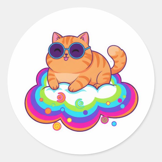 naughty Orange Cat Blep on Rainbow Cloud Runder Aufkleber (Vorderseite)
