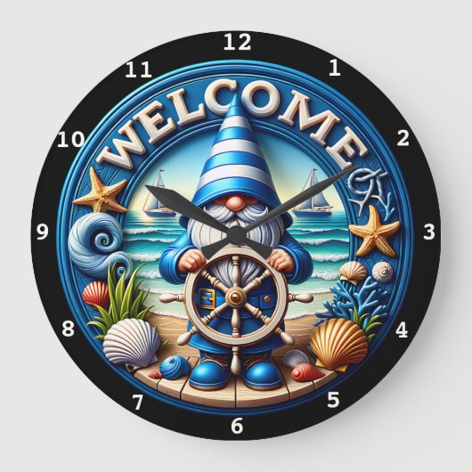 Nauome Gnome Welcome Beach Clock Große Wanduhr (Vorderseite)