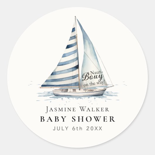 Nauti-Bouy Blue Stripe Sailboat Baby Shower Runder Aufkleber (Vorderseite)