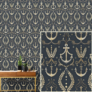 Nautic 0ff-White Anchors & Wappen Dark Gray Blue Tapete